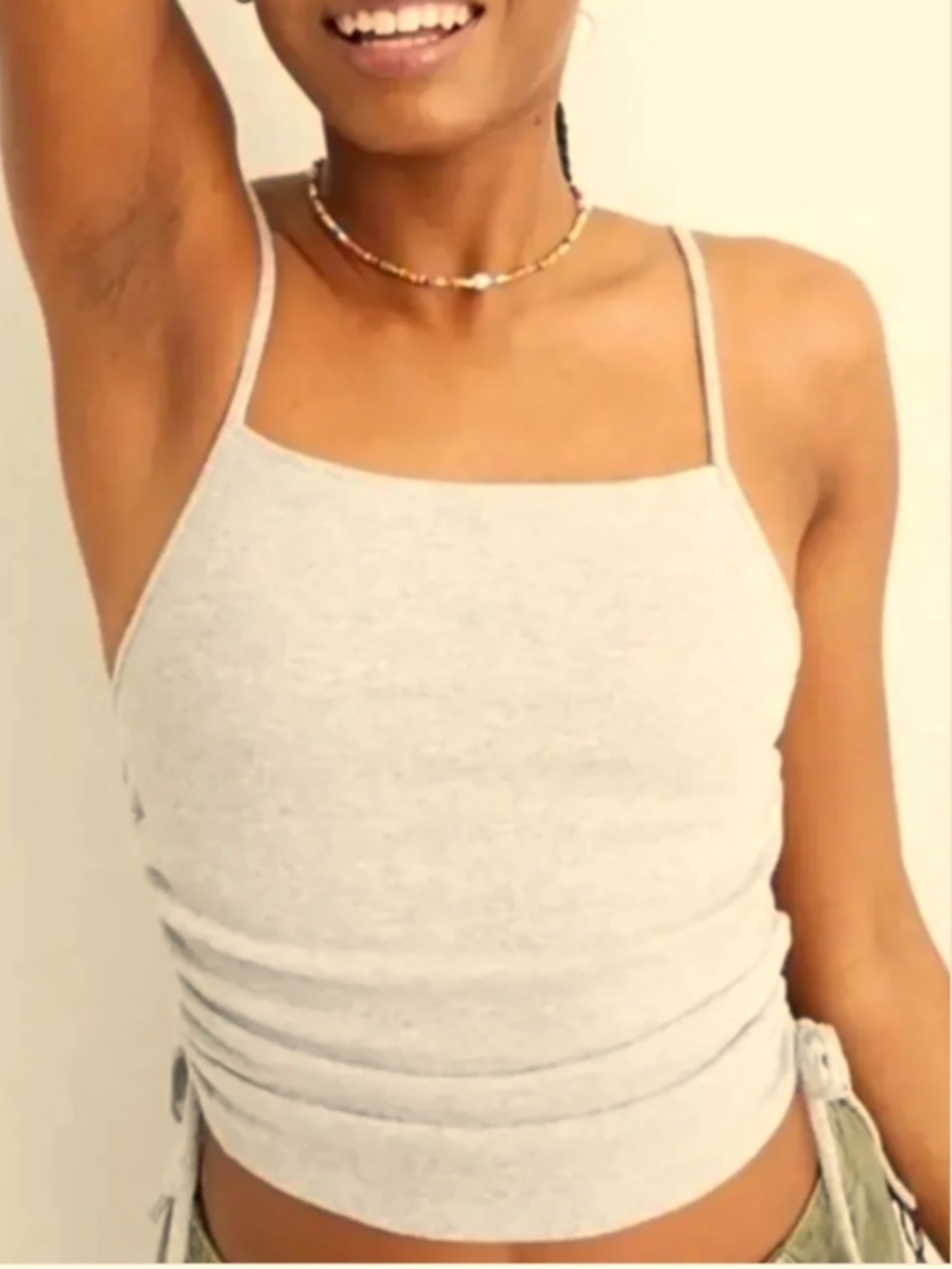Aerie | Square Neck Ribbed Cami w/Side Ruched Ties-Cream-Size M